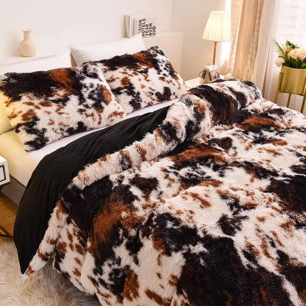 Cow Print Duvet Cover Shaggy Fluffy Tie Dye Brown Black Velvet Bedding Set Super Soft Faux Fur Fuzzy Comforter Cover with Pillow