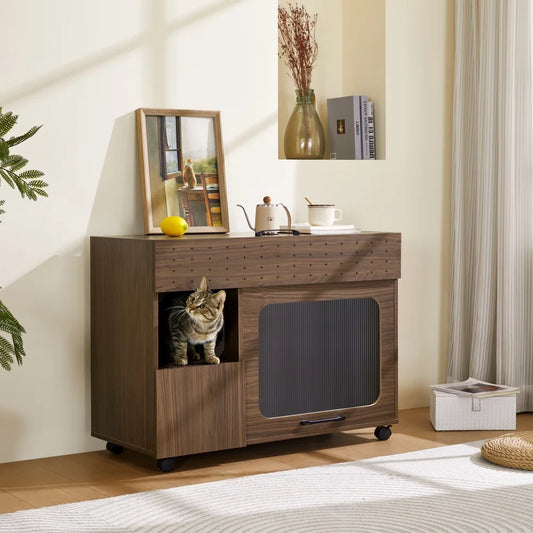 Multi-Use Hidden Cat Litter Box Enclosure pet House with Storage Flip-Up Door Wheel Sturdy Cat Cabinet Furniture for living room