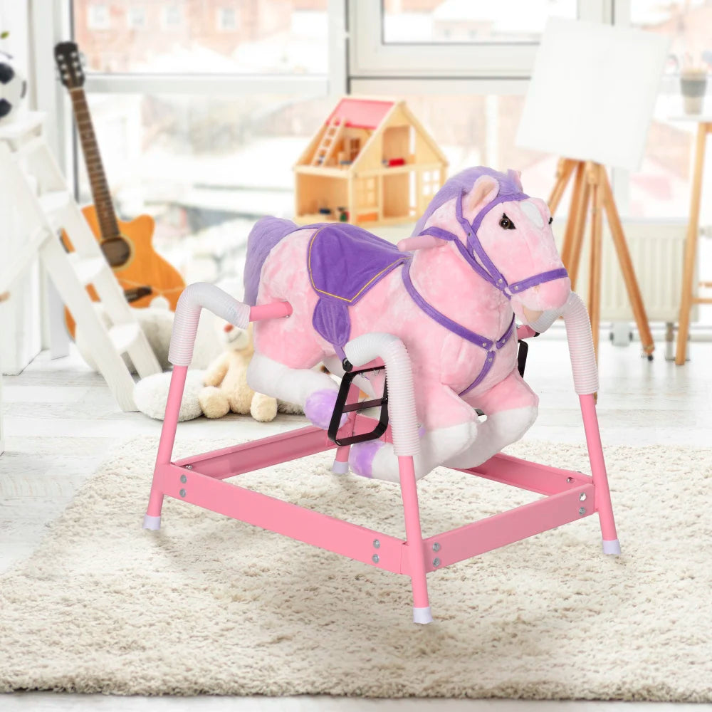Spring Rocking Horse, Kids Ride on Horse, Plush Horse Ride-on with Sounds & Foot Stirrups, Saddle for Kids 3-8 Years, Pink
