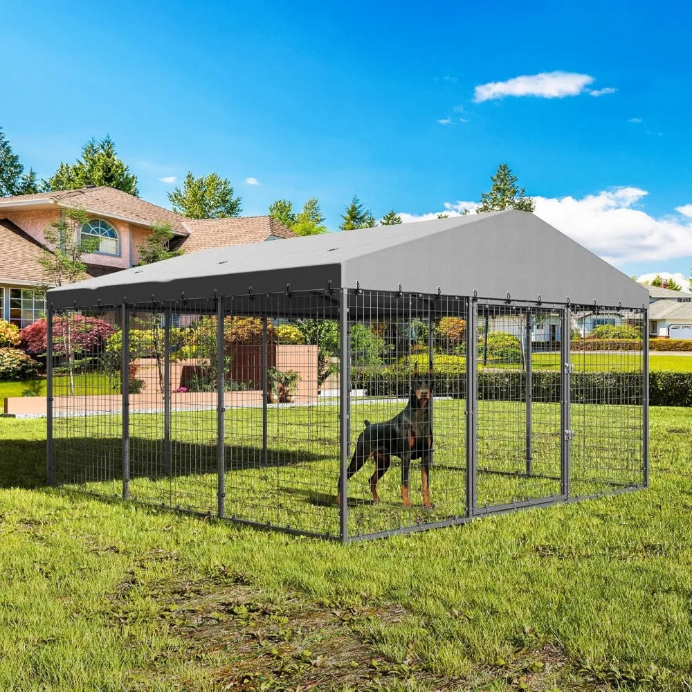 Large Outdoor Dog Kennel 118" x 118" x 70", Big Dog Fence Outside with Double Secure Locks, Heavy-Duty Weatherproof Dog Cage, D
