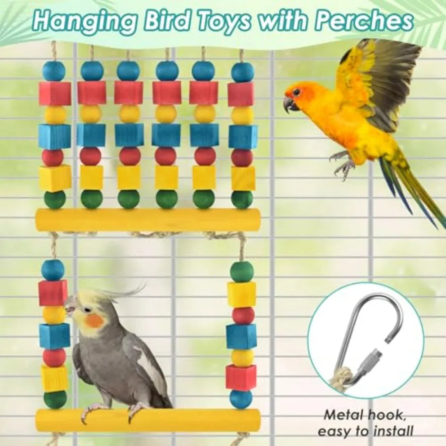 Bird Swing Parrot Chew Toy with Wooden Perches Stand Hanging Colorful Wood Block Bird Cage Accessories for Budgerigar Canaries
