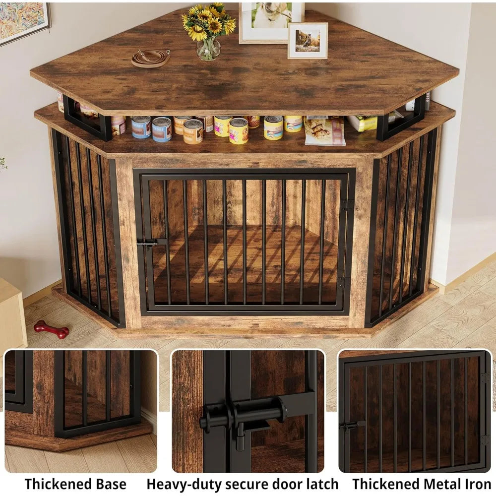 51 Corner Wooden Dog Crate Furniture with 2-Tier Shelves, Pet Kennel for Large Dogs, Space-Saving Dog Cage for TV Stand