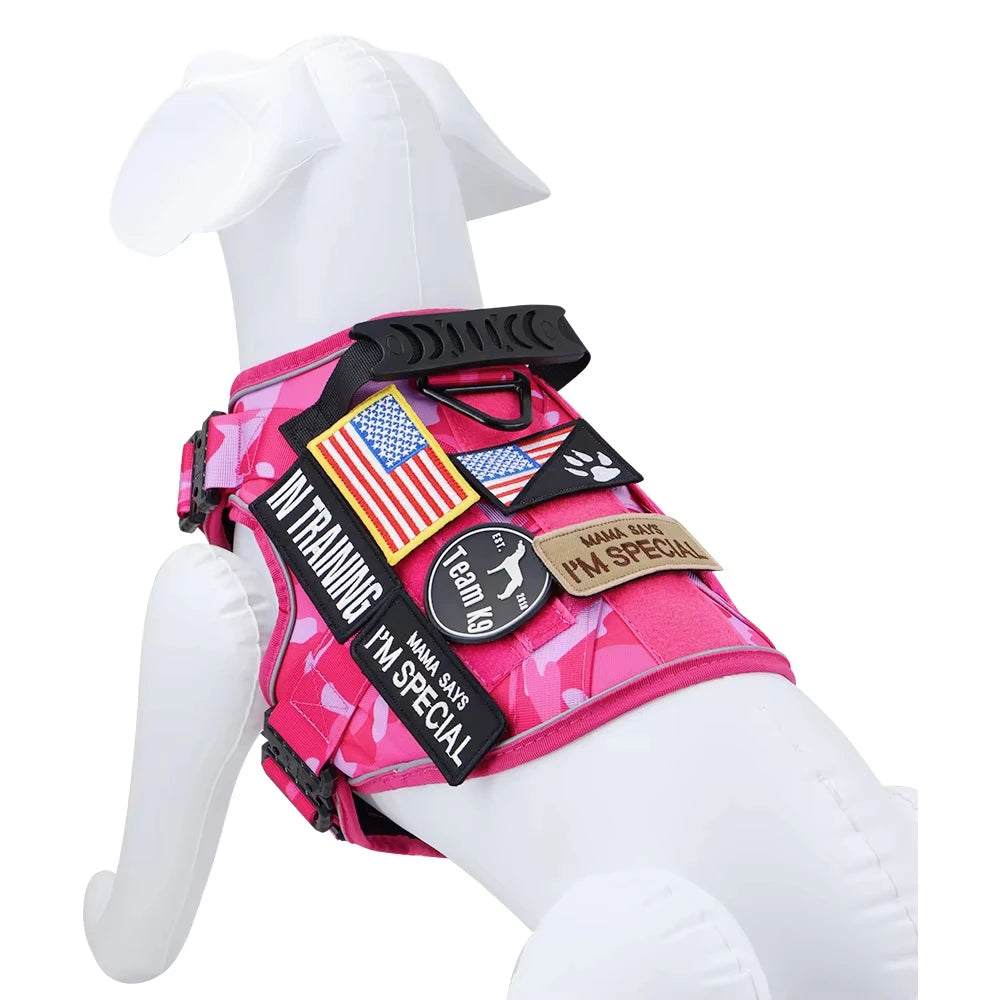Pink Reflective Dog Harness with 4 Metal Buckles Military Tactical Pet Training, Camouflage Leash Collar for Large Dogs
