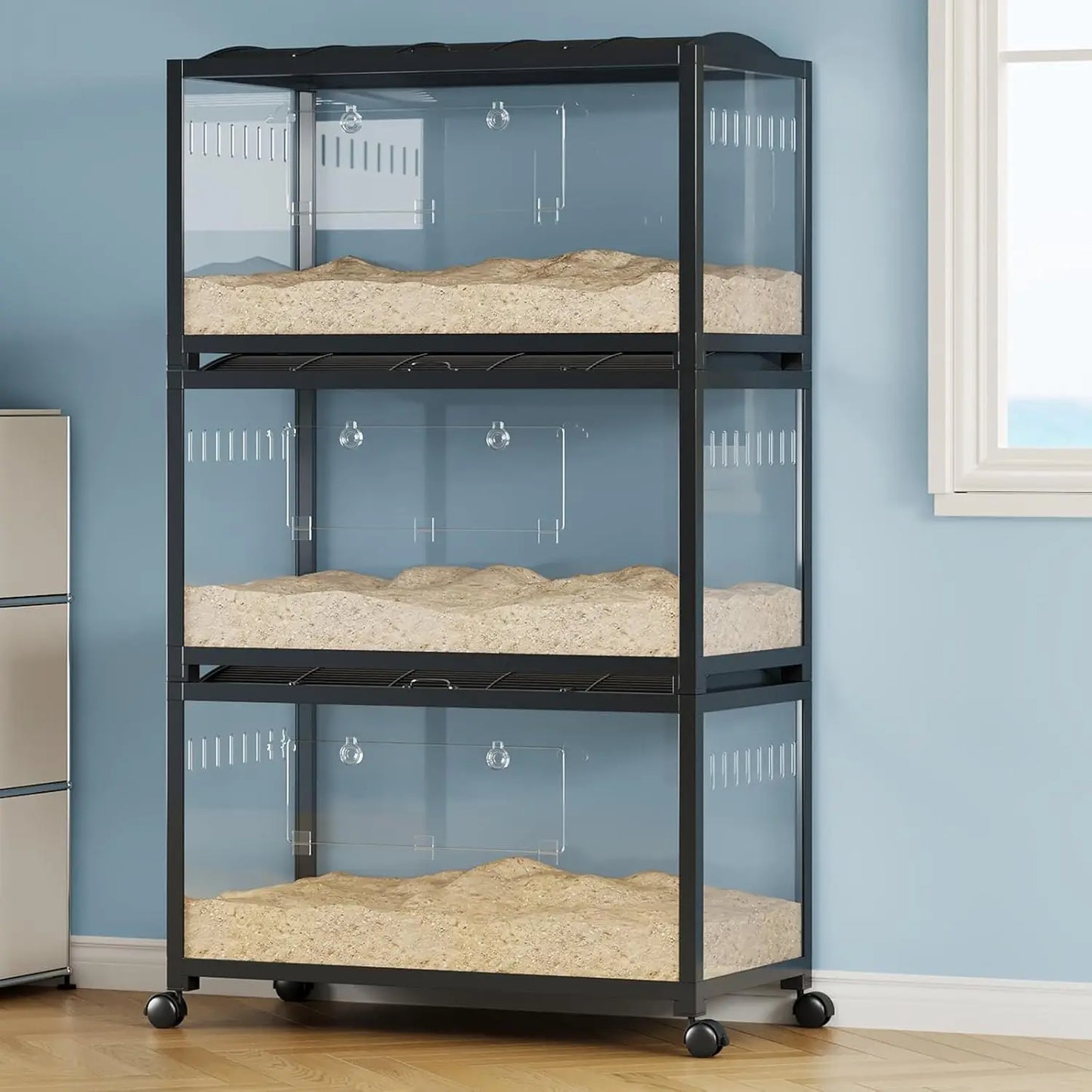 Hamster Cage with Wheels, 37.8" Metal & Acrylic Habitat for Hamster, Guinea Pig, Gerbil, Mice Chew-Proof  Easy Clean Dual Doors