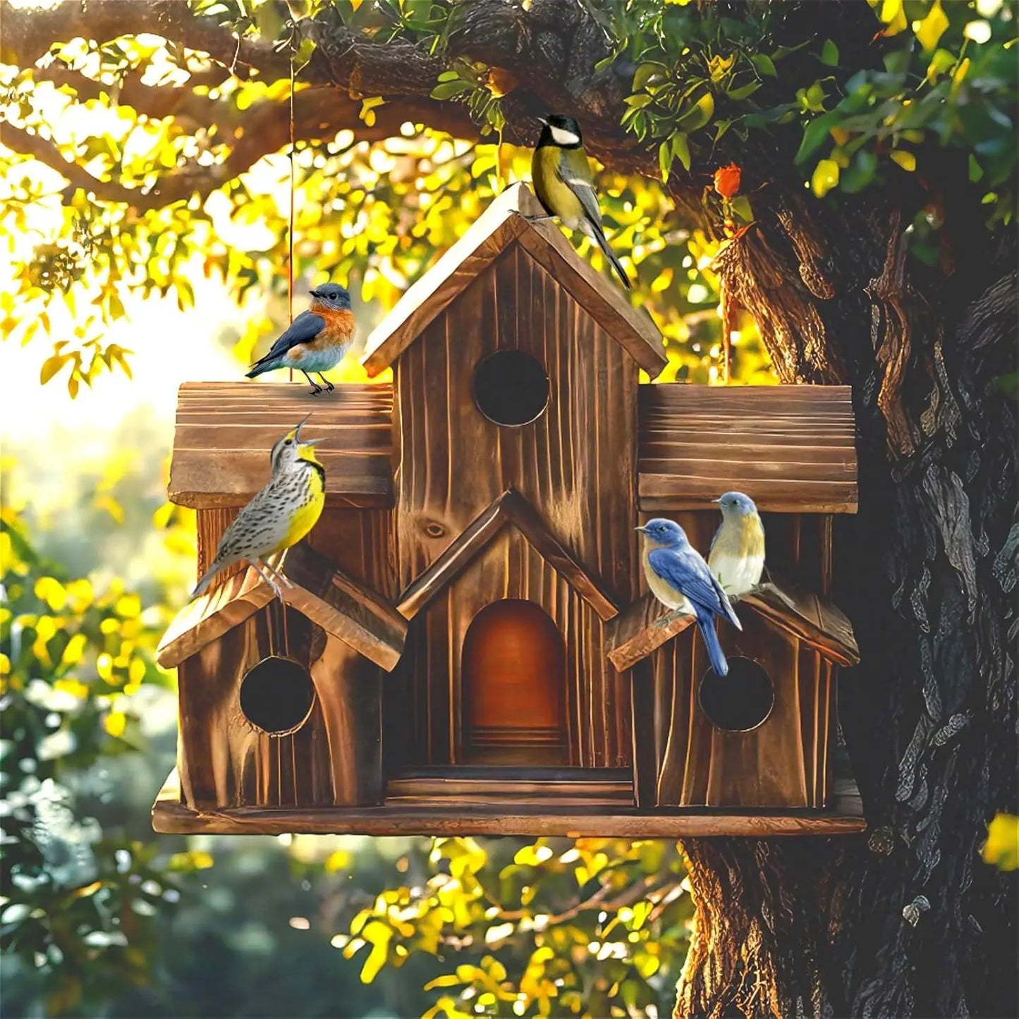 Outdoor bird house, handmade 6-hole, hanging bird house, used for gardening decoration and bird habitat