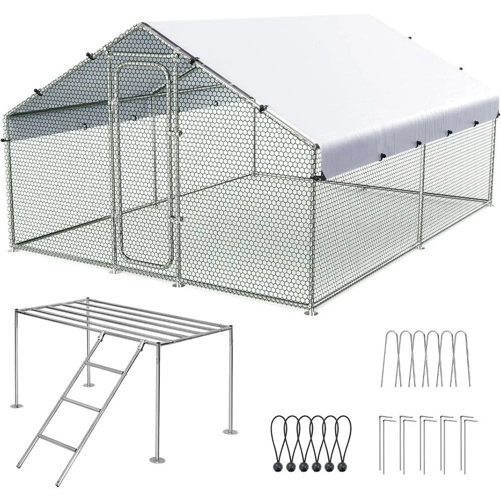 Large Metal Chicken Coop Run, W/Roosting Perch for 20+ Poultry, with Heavy Duty Wire, Mesh and Waterproof Roof Cover