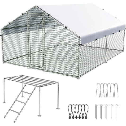 Large Metal Chicken Coop Run, W/Roosting Perch for 20+ Poultry, with Heavy Duty Wire, Mesh and Waterproof Roof Cover