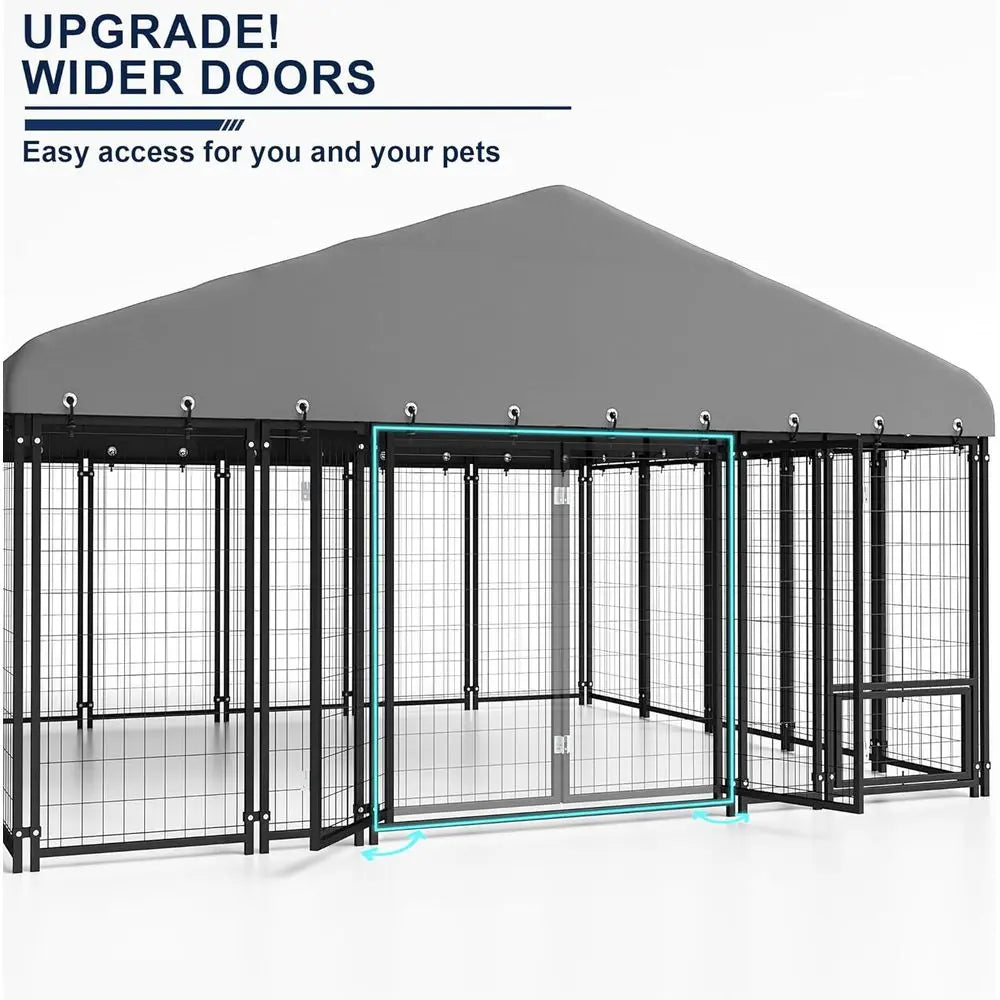 10x10FT Dog Kennel Outside Double Door Outdoor with Feeding, Heavy Duty Dog Crate Durable Cage with Roof & Double Lock