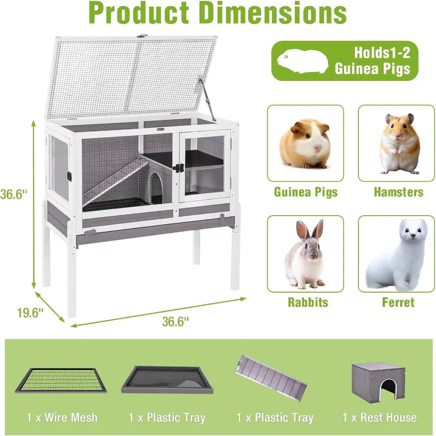Indoor Guinea Pig Cage Rabbit Hutch with Chew-Proof Ramp 2-Story Wooden Bunny House with Pull-Out Trays Leakproof PVC Layer Sma