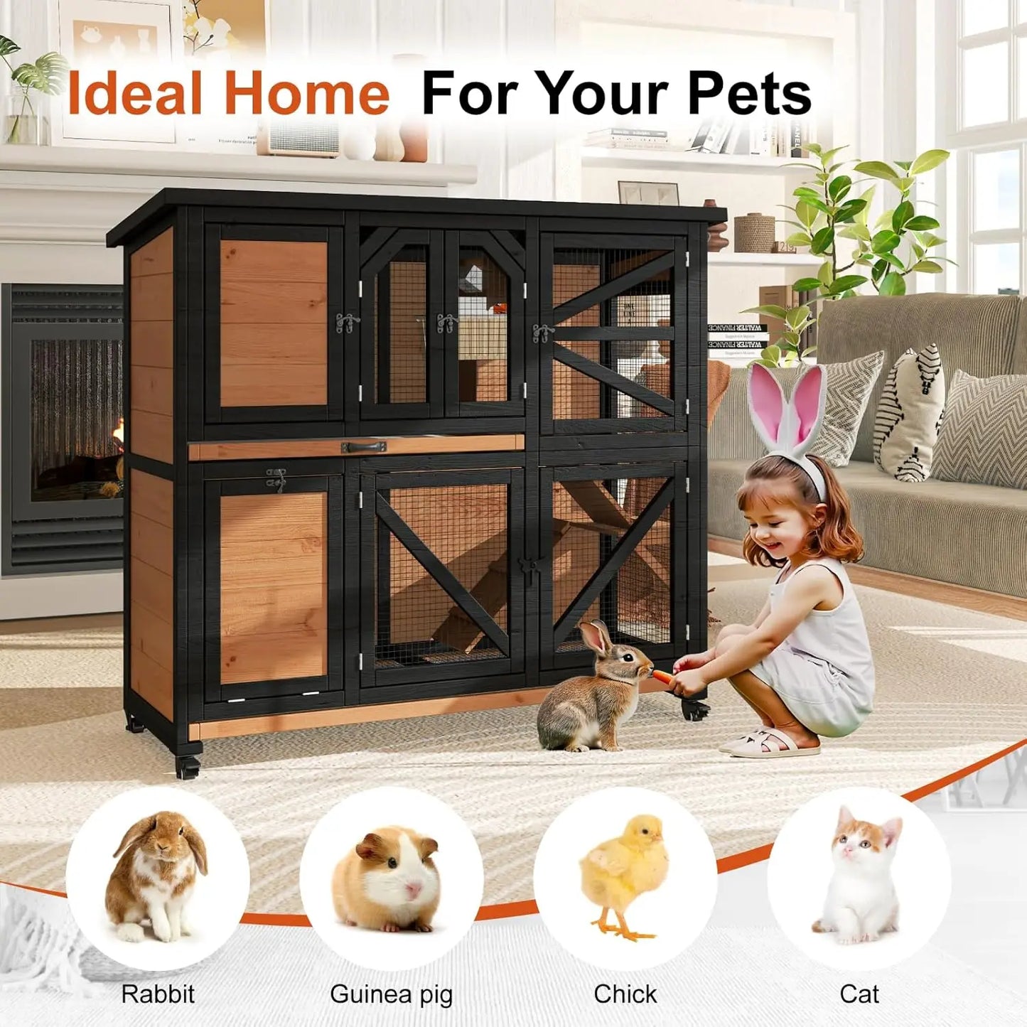 47.3" Two Story Rabbit Cage Bunny Cage Indoor, Wooden Rabbit Hutch Hamster Cages for Small Animals, Outdoor Guinea Pig Cages