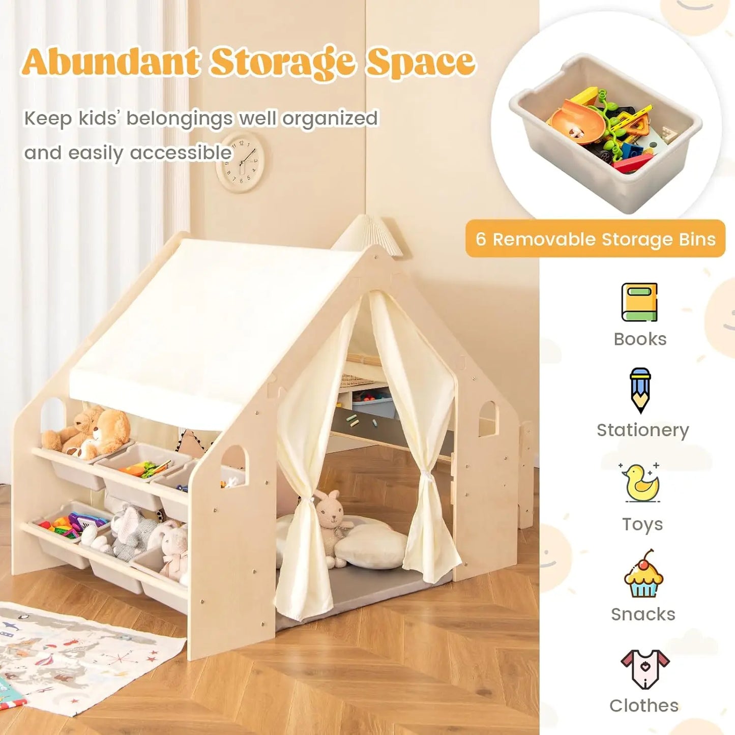 Large Kids Tent, 6-in-1 Wooden Frame Play House with Table and Chair Set, Blackboard, 6 Storage Bins & Soft Floor, Customized