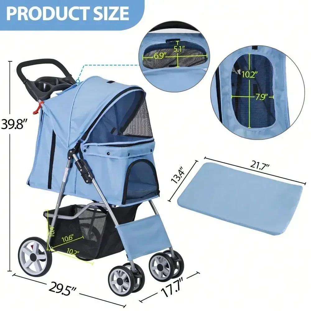 Blue 4 Wheel Pet Stroller for Cat Dog Foldable Carrier Jogger Travel with Basket