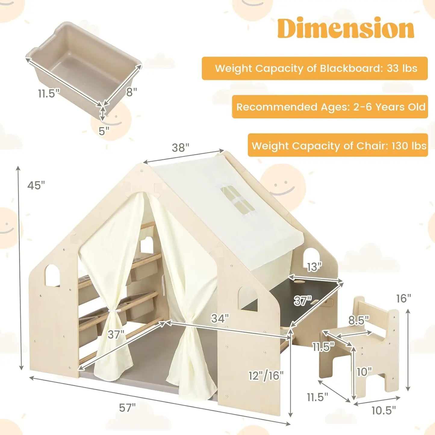 Large Kids Tent, 6-in-1 Wooden Frame Play House with Table and Chair Set, Blackboard, 6 Storage Bins & Soft Floor, Customized