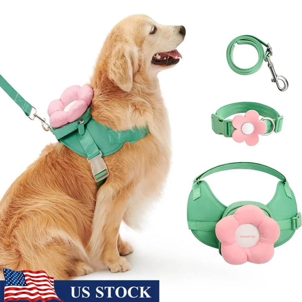 Adjustable No Pull Dog Harness Leash Collar Set Soft Padded Pet Vest Control Walking Training Floral Backpack Storage