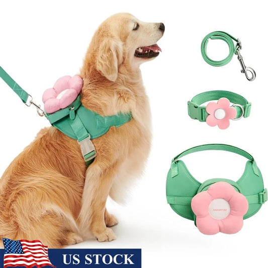 Adjustable No Pull Dog Harness Leash Collar Set Soft Padded Pet Vest Control Walking Training Floral Backpack Storage
