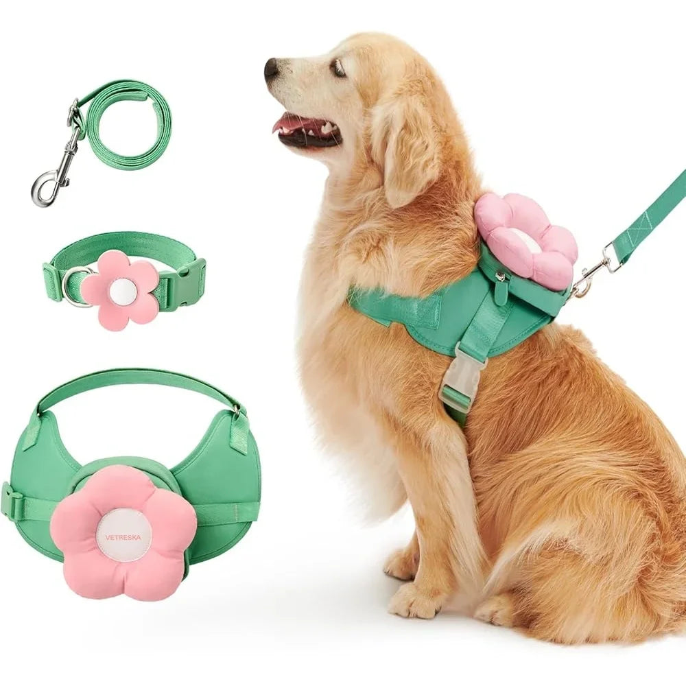 Adjustable No Pull Dog Harness Leash Collar Set Soft Padded Pet Vest Control Walking Training Floral Backpack Storage