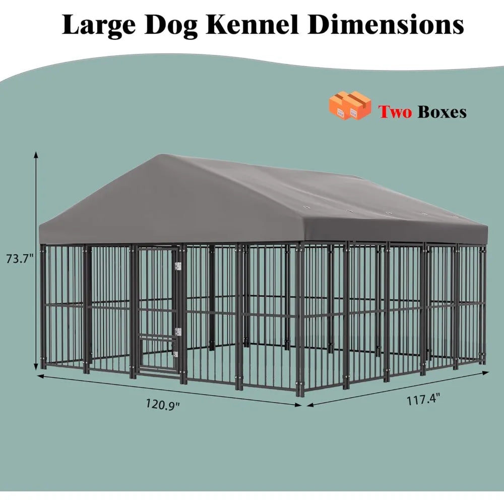 Large Dog Kennel Outside 10X10FT Heavy Duty Dog Cage with Feeding Door, Outdoor Dog Run with Roof and Double Safety Locks for Pe