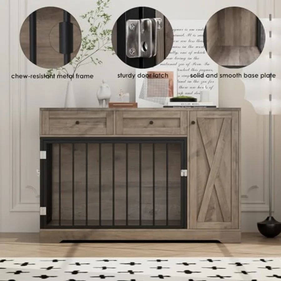 Farmhouse Dog Crate Furniture 47W x 34H Wooden Indoor Dog Cage with 2 Drawers and Storage Cabinet Rustic Style for Small and Me