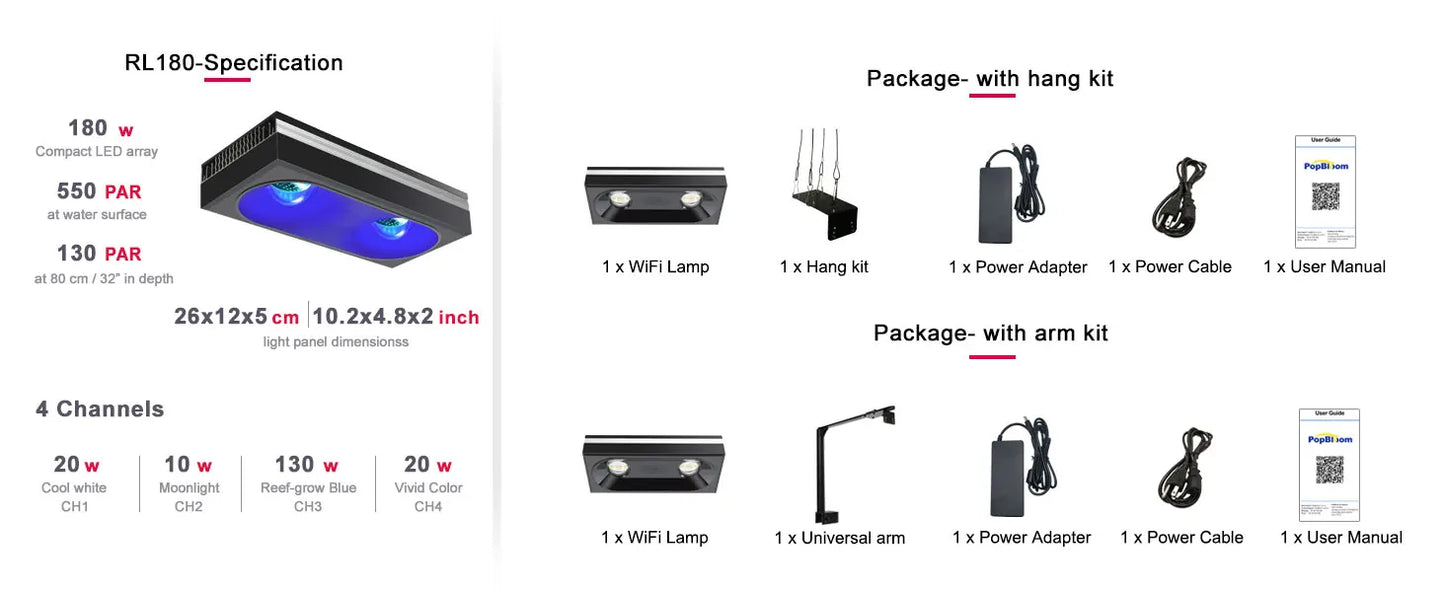 PopBloom RL90/RL180 WiFi Aquarium light, Full Spectrum Saltwater Aquarium Led Lamp for Reef Coral SPS/LPS Marine Aquarium Tank