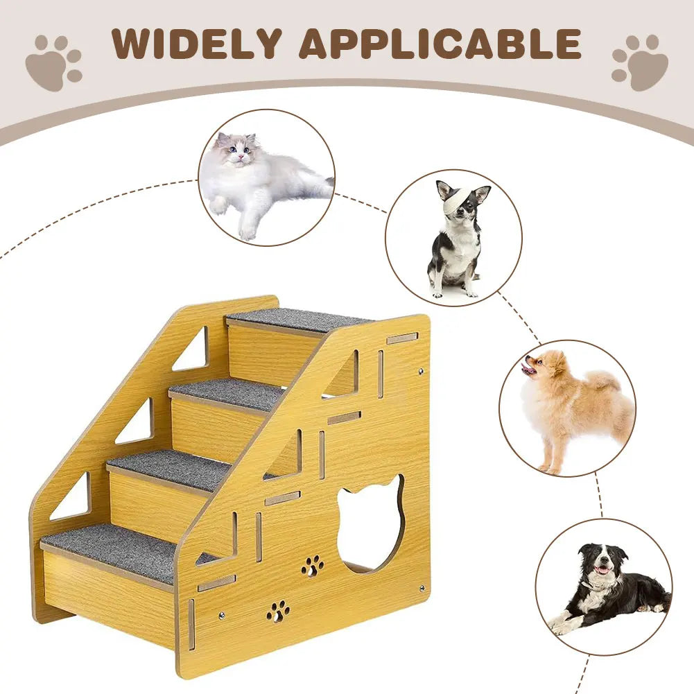 4 Step Wooden Pet Stairs Nonslip Carpeted Sofa Ladder