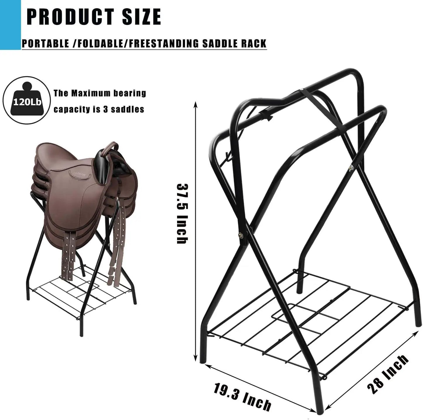 Portable Folding Horse Saddle Stand for English and Western Saddles, Black, 28x19x37.5 Inches