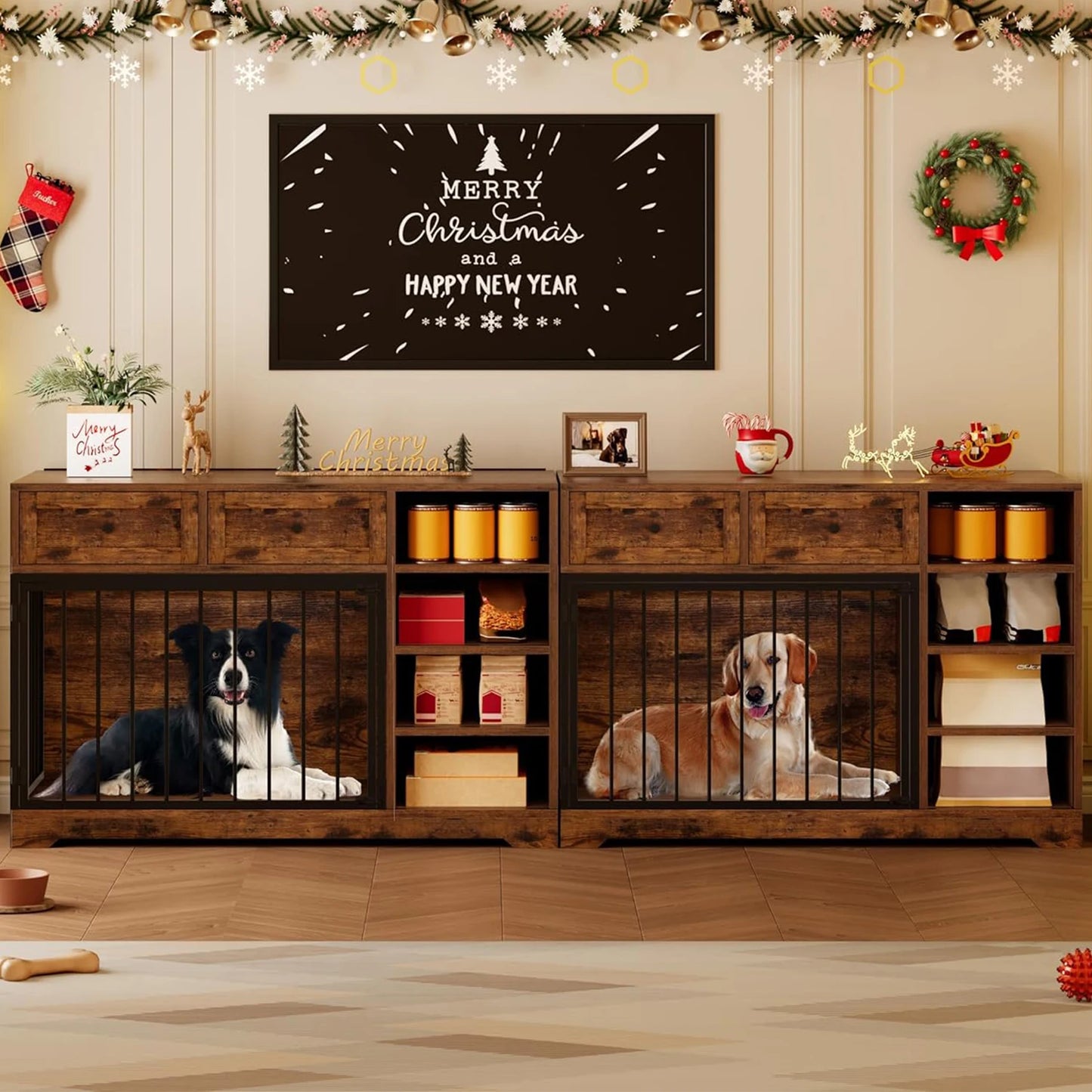 47" Large Dog Crate Furniture TV Stand Vintage Wooden Kennel For Medium Large Dogs Indoor Dog Cage With 2 Drawers & 4 Shelves