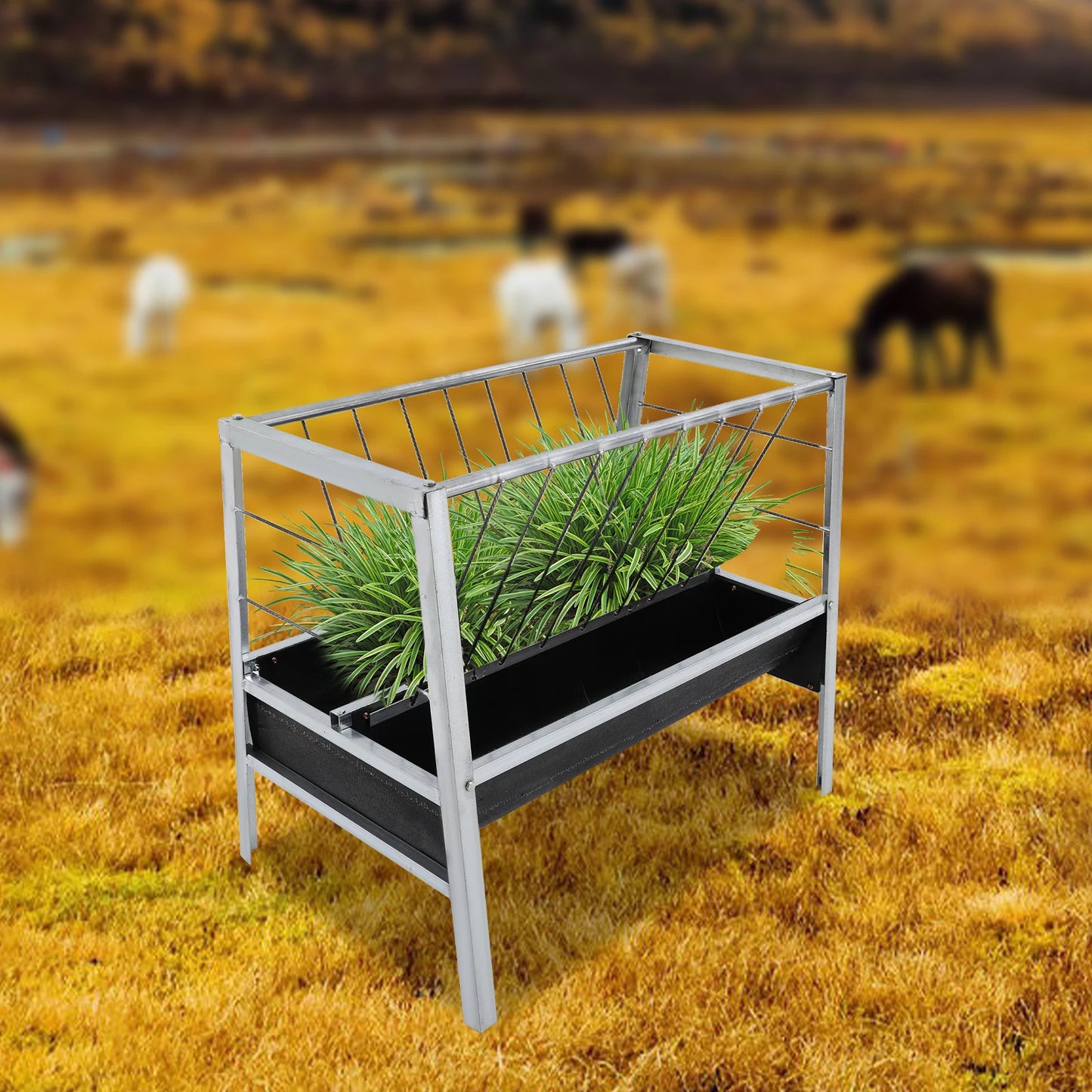 Livestock Feed Iron Trough,Silver+ Black Rectangular 2-in-1 Grain& Hay Feeder ,Floor Standing 100*65*85cm for Goats Sheep