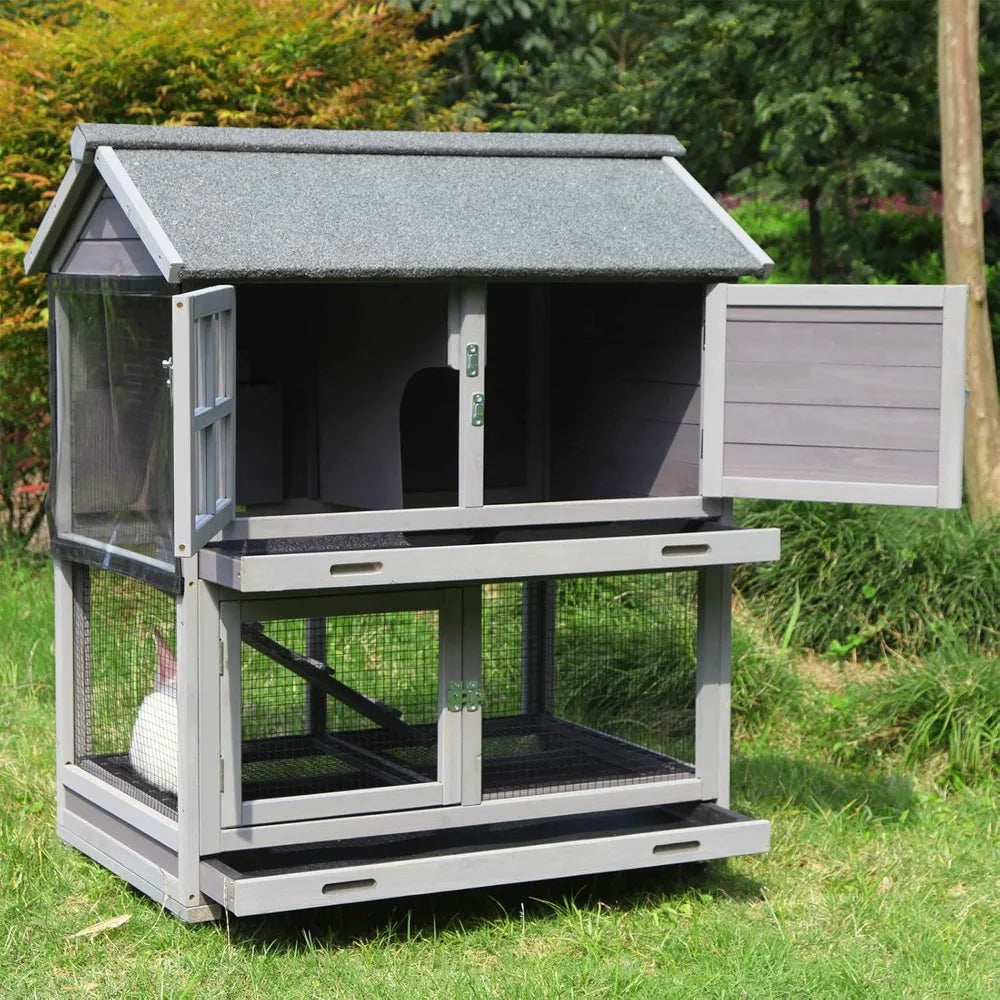 Rabbit Hutch Outdoor Large, Rabbit Cage Indoor Bunny Hutch Bunny Cage with Wheels -Upgrade Removable Wire Rack