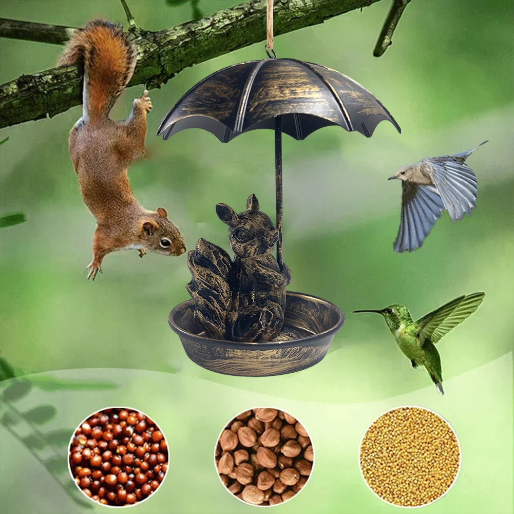 Squirrel/Cat/Dog Animal Bird Feeder Animal Holding Umbrella Metal Bird Feeders Hanging Bird Feeder Dish for Yard Patio Landscape