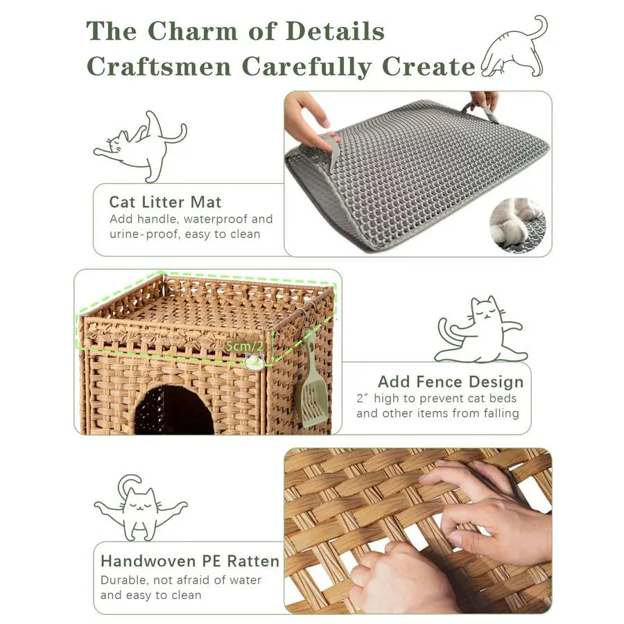 Litter Box Enclosure Furniture, Hidden Litter Box with Mat and Fence, Handwoven Rattan Cat House with Two SShaped Hooks for Livi