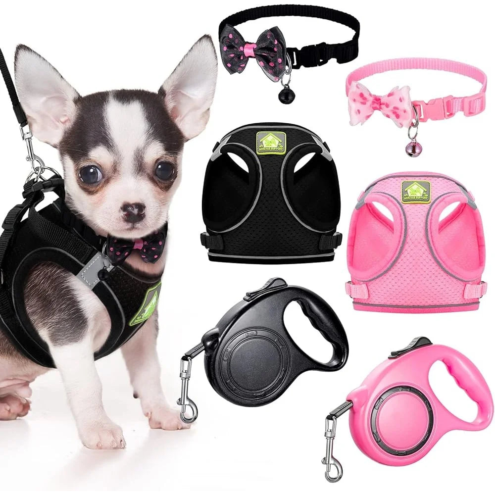 6 Pcs Dog Harness Set with Retractable Leash Bowknot Collar Mesh Vest Small Pet Training Walking
