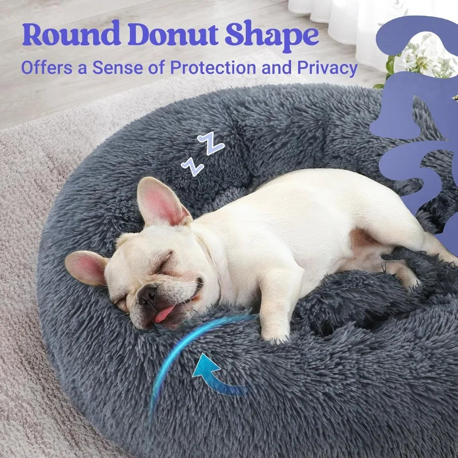 Dog Bed for Small 24 inches Machine Washable Fluffy Donut Pet Bed AntiSlip Calming Soft Plush Round Cushion Fits up to 18 lbs P