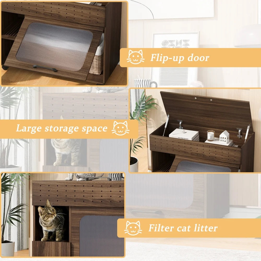 Multi-Use Hidden Cat Litter Box Enclosure pet House with Storage Flip-Up Door Wheel Sturdy Cat Cabinet Furniture for living room