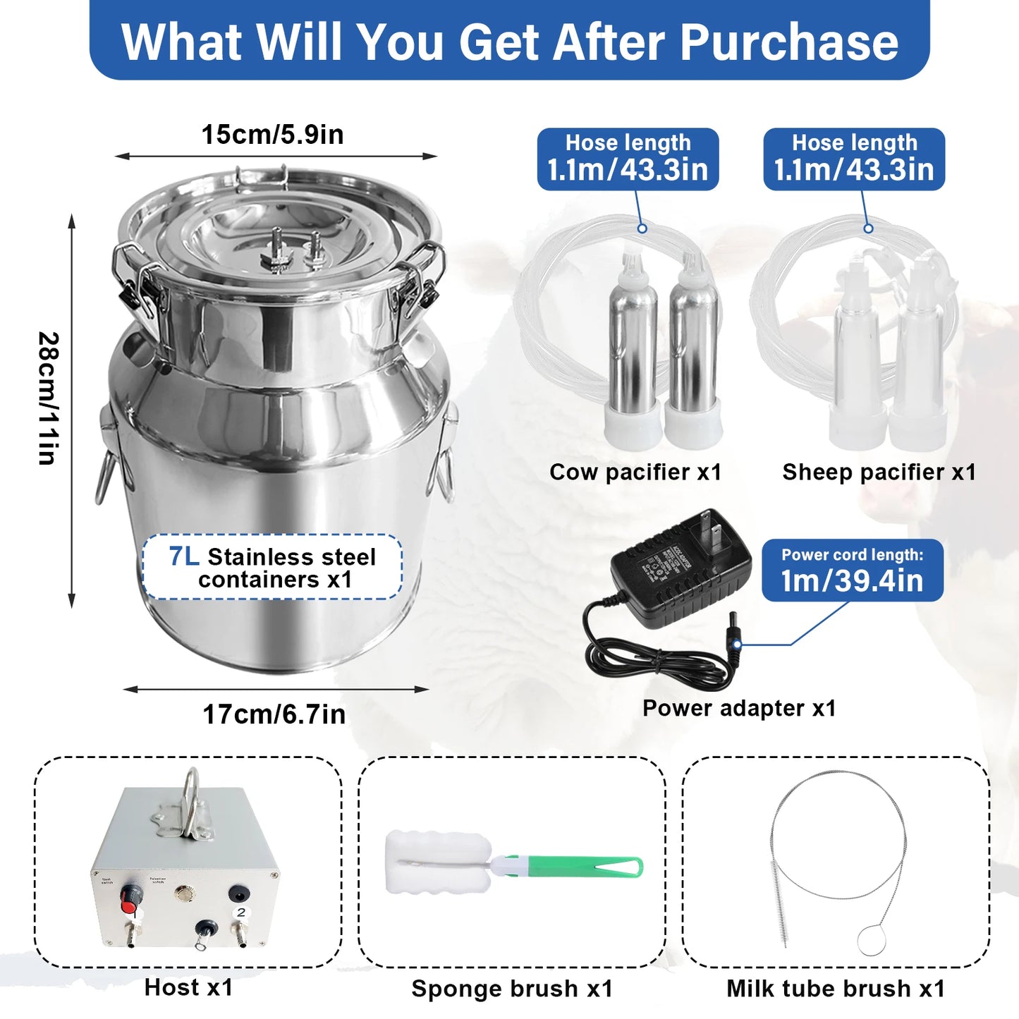 Cow Milker Machine Electric Goat Milk Machine Adjustable Pulsation Vacuum Milker 7L Bucket,Tube,Milking Supplies for Homes Farms