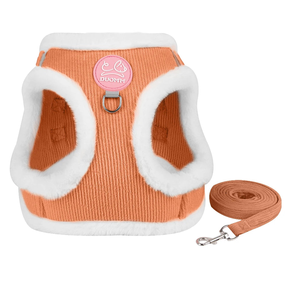 Autumn and Winter Warm Chihuahua Dog Harness with Fur, Pet Harness and Leash Set for Walking Dogs, Puppy Yorkies