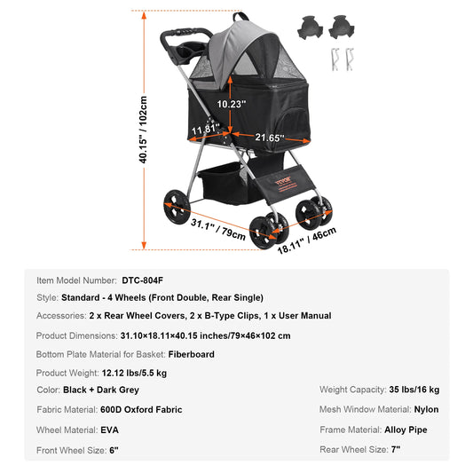 SucceBuy Pet Stroller Carrier Dog Cat Strollers Lightweight Travel Rotate with Brakes Pet Pad Cup Holder for Puppy Accessories