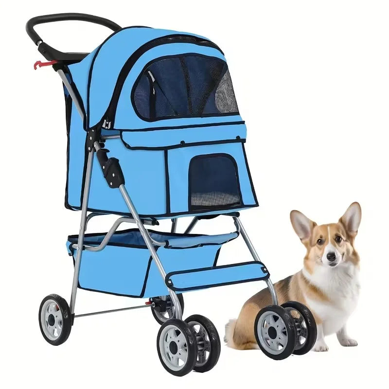 4 Wheels Dog Stroller,Pet Stroller Folding Carrier Waterproof Puppy with Cup Holder & Removable Liner for Small Medium Dogs Cats