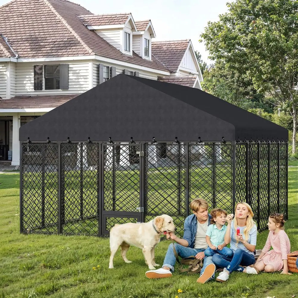 10x10x6.4 Large Outdoor Dog Kennel with Roof, Heavy Duty Anti-Rust Metal Dog Enclosure Fence for All Weather Resistant, Secure D