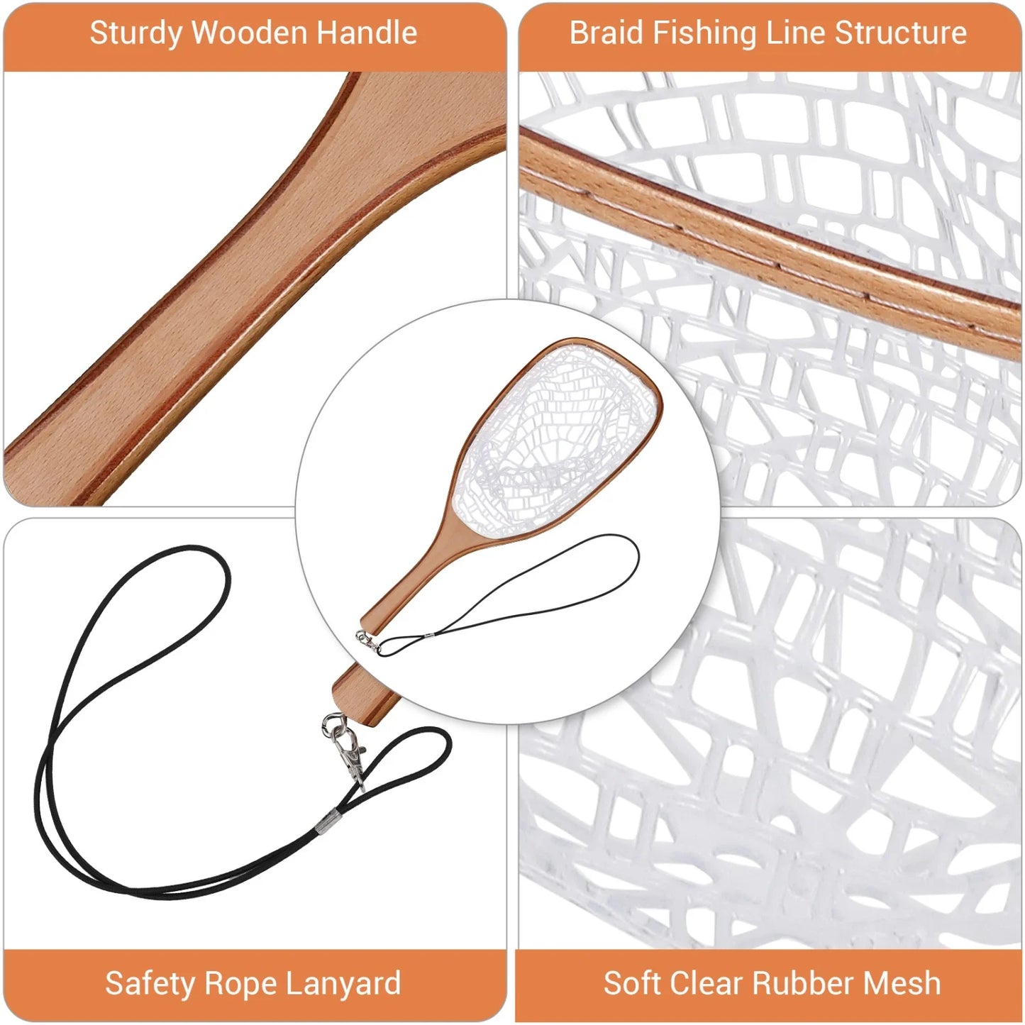 Fly Fishing Net, Trout Net, Wooden Frame Fly Fishing Landing Net for Catch and Release, Fly Fishing Gear for Stream Fishing