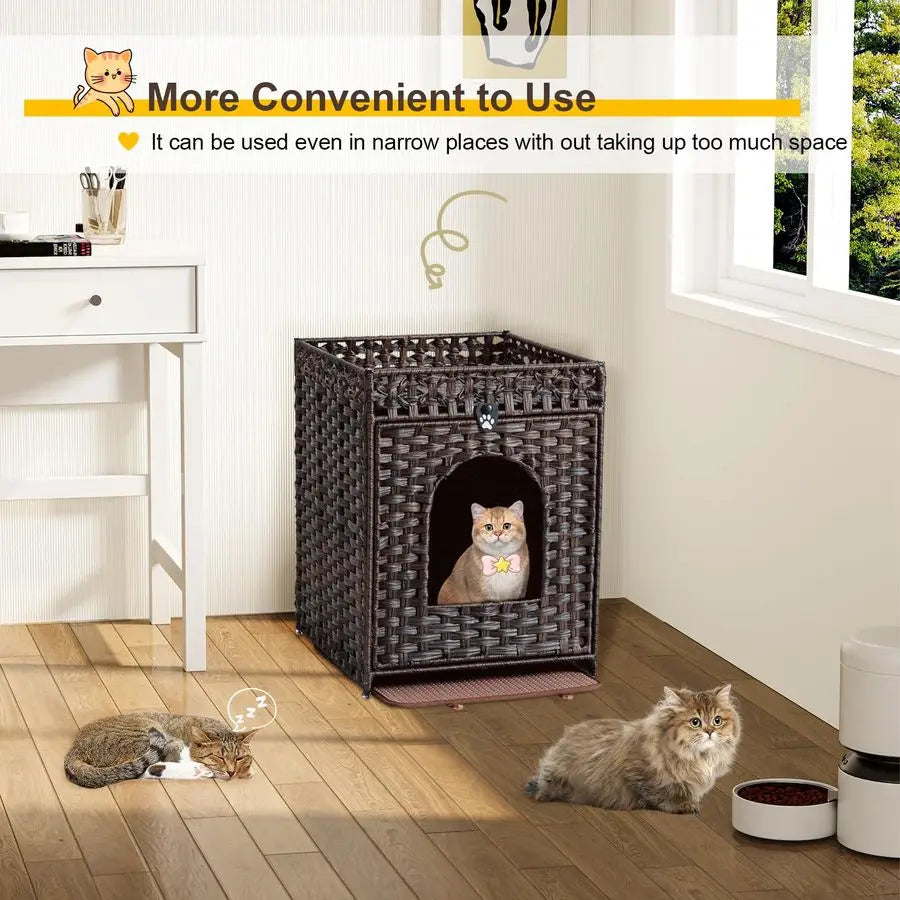 Cat Litter Box Enclosure Furniture Hidden with Litter Mat, Hidden Cat Washroom Furniture with Door, Handwoven Rattan Cat Washroo