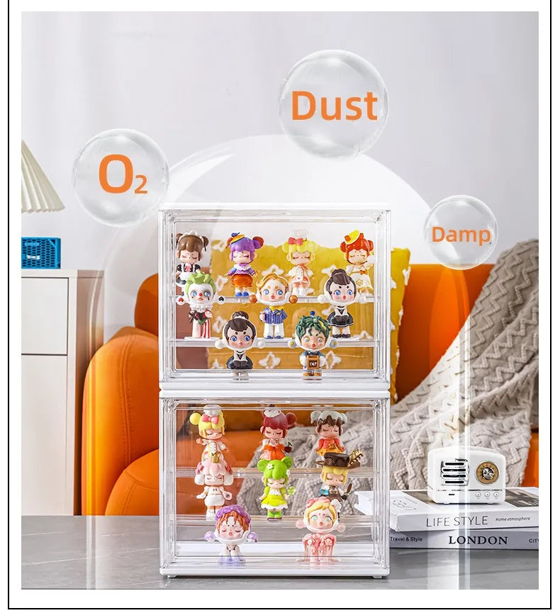 Clear Display Box Stackable Plastic Dustproof Storage Bins Figures Display Collectibles Bag Cosmetic Show Case with Interlayers