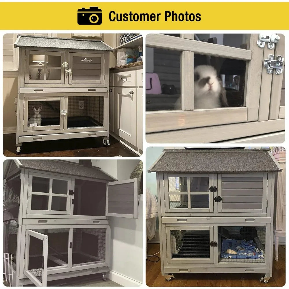Rabbit Hutch Outdoor Large, Rabbit Cage Indoor Bunny Hutch Bunny Cage with Wheels -Upgrade Removable Wire Rack