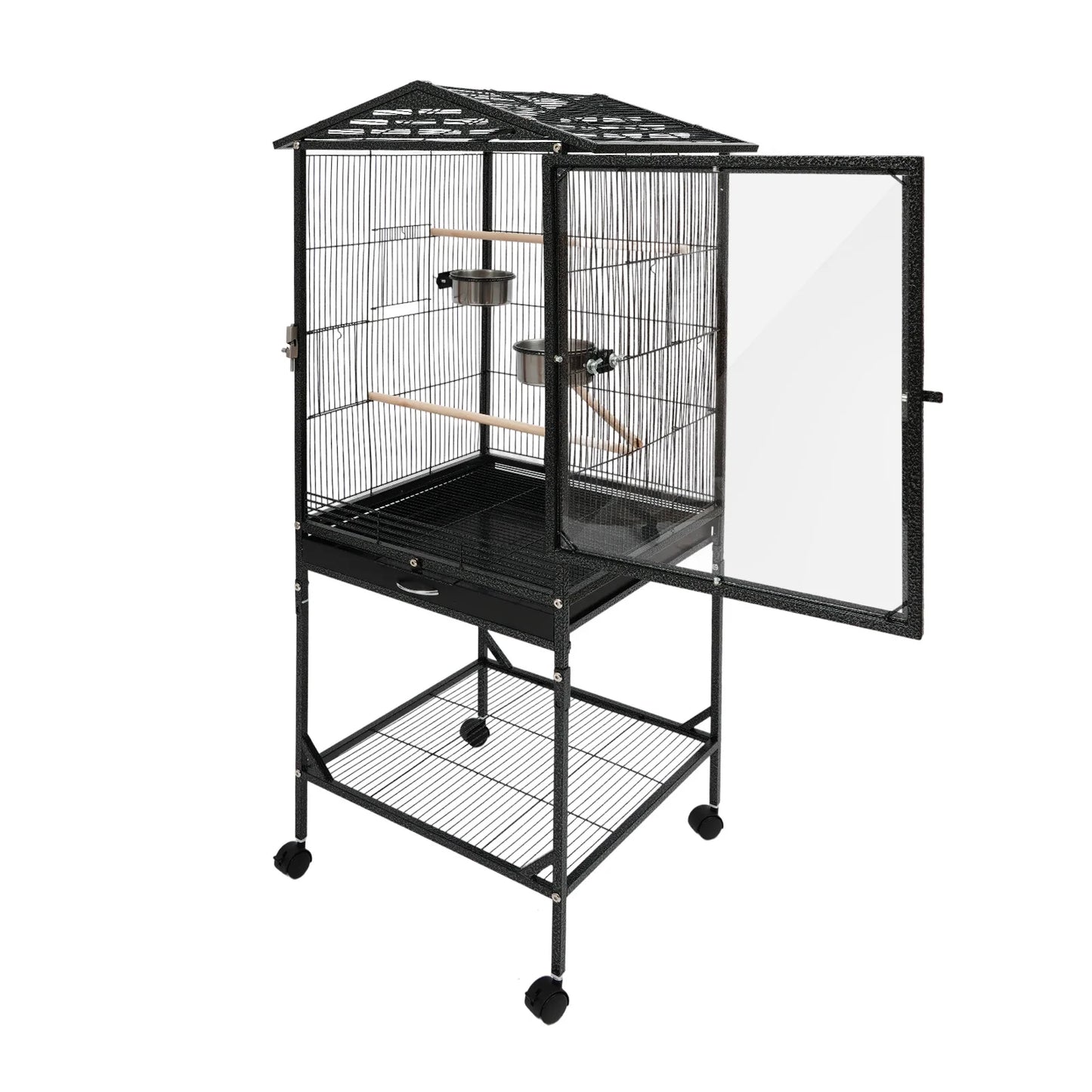 Large Black Bird Cage with Wheels, 4 Braked Wheels (2) Acid-Washed Iron 46×46×136cm Open Top for Parrots