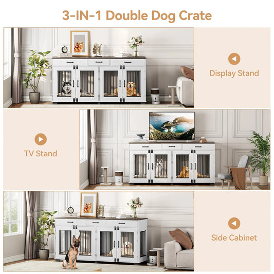 71'' Heavy Duty Double Dog Crate Furniture 2-in-1 Kennel With Divider 3 Storage Drawers & TV Stand For Medium Large Dogs