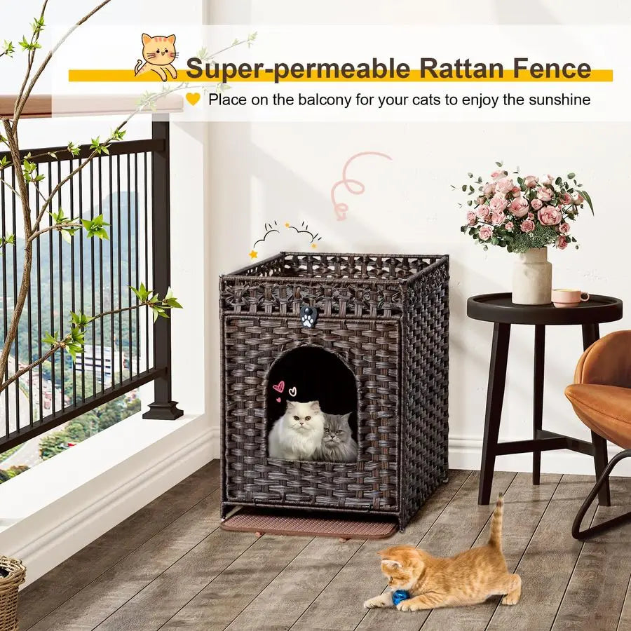 Cat Litter Box Enclosure Furniture Hidden with Litter Mat, Hidden Cat Washroom Furniture with Door, Handwoven Rattan Cat Washroo