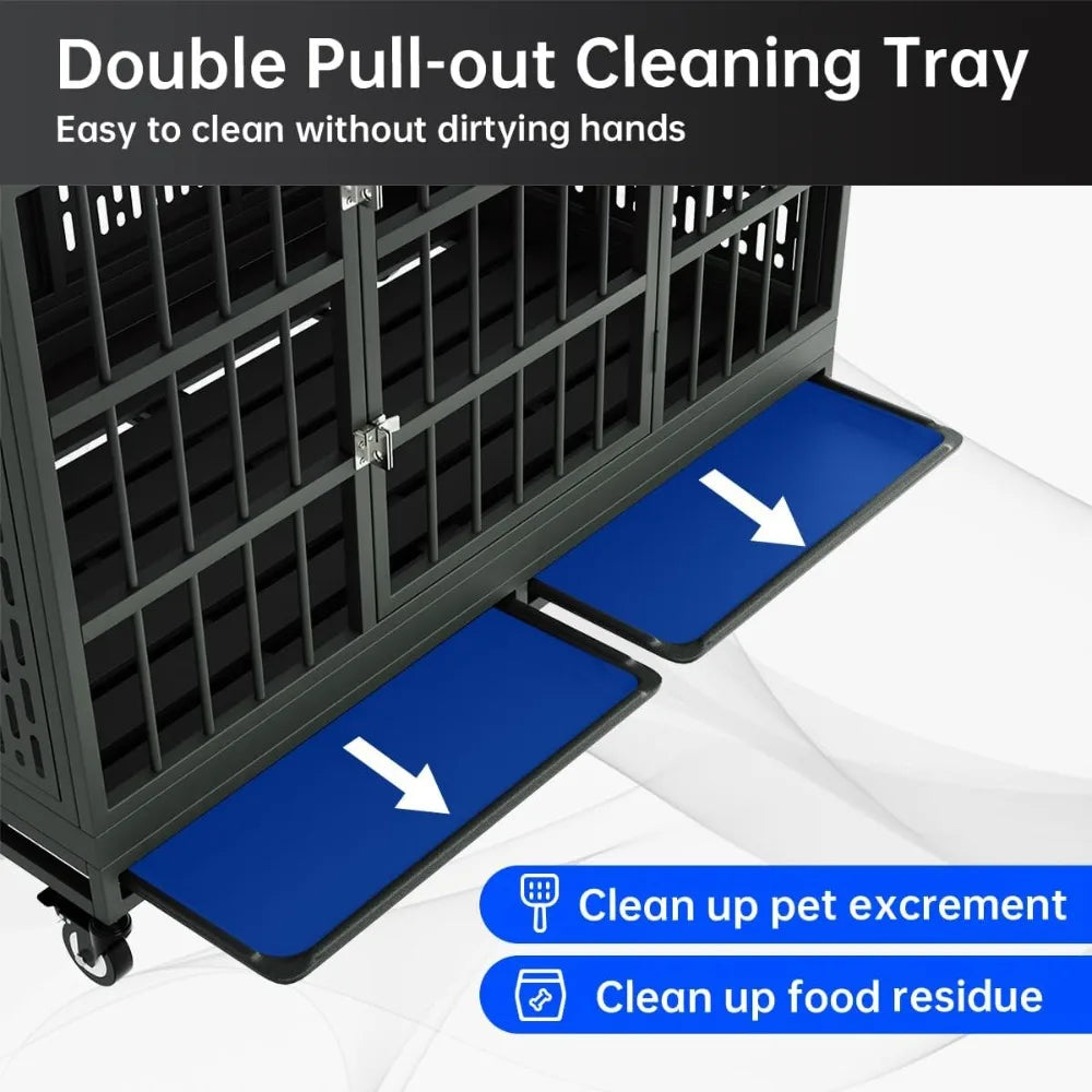 48 Inch Heavy Duty Dog Crate with Wheels, Folding Metal Cage for Large Dogs, XL XXL Indestructible Kennel with Removable Tray