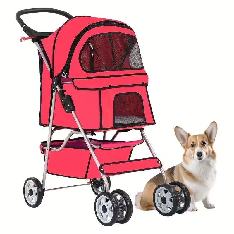 4 Wheels Dog Stroller,Pet Stroller Folding Carrier Waterproof Puppy with Cup Holder & Removable Liner for Small Medium Dogs Cats