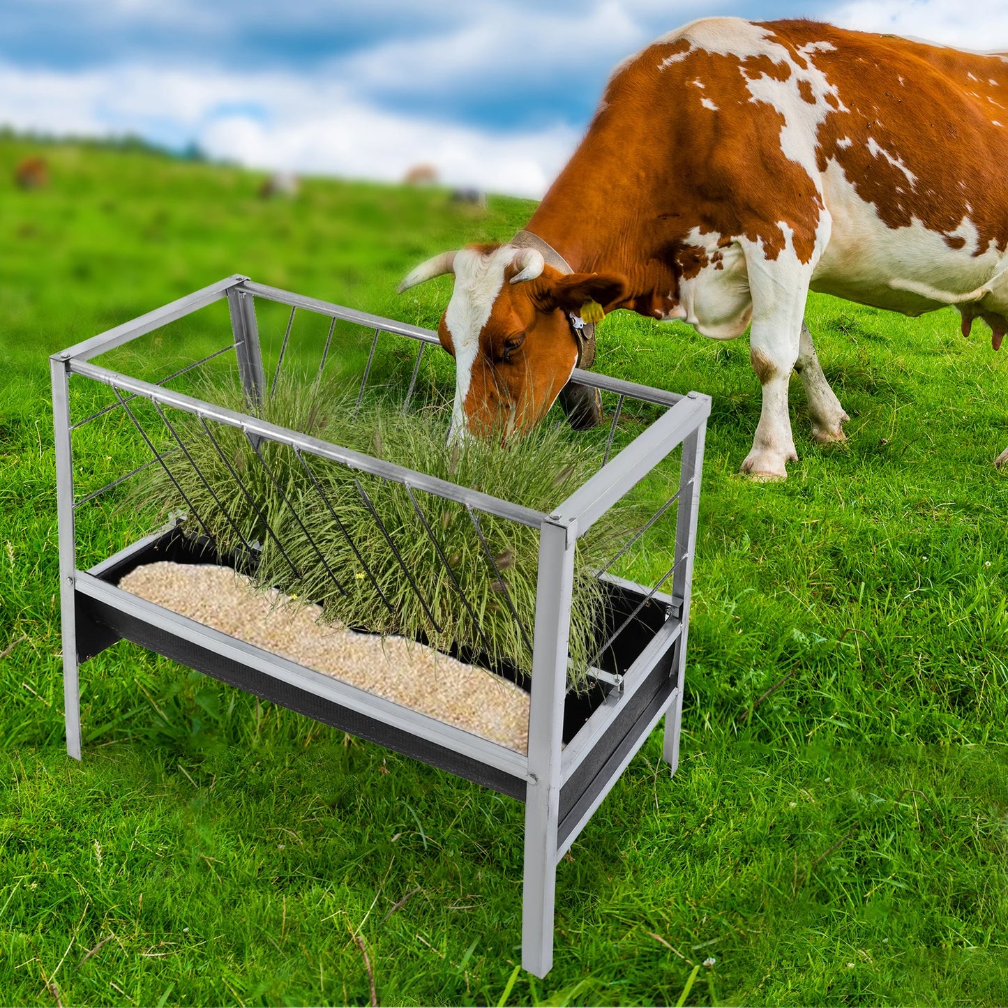 Livestock Feed Iron Trough,Silver+ Black Rectangular 2-in-1 Grain& Hay Feeder ,Floor Standing 100*65*85cm for Goats Sheep