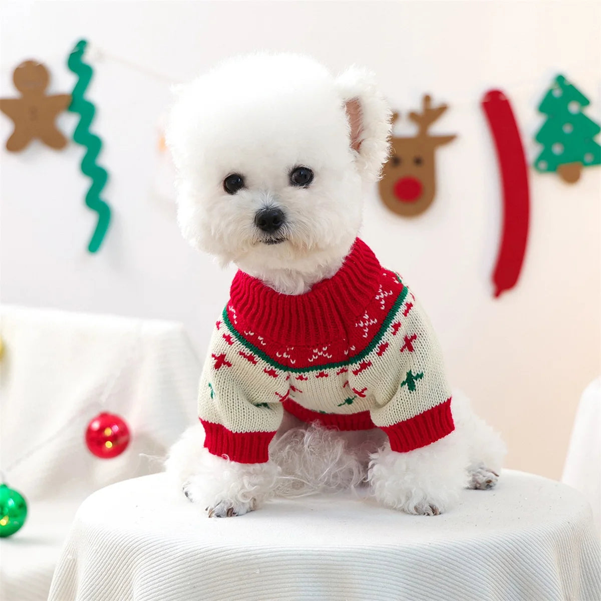 Christmas Reindeer Dog Sweater Winter Holiday Pet Clothes for Small Dogs Girl Boy Festive Xmas Tree Design Cozy Knit Warm Coat