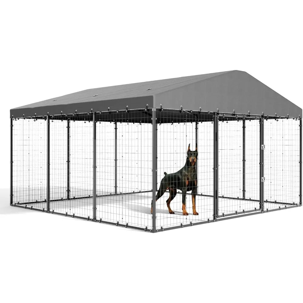 Large Outdoor Dog Kennel 118" x 118" x 70", Big Dog Fence Outside with Double Secure Locks, Heavy-Duty Weatherproof Dog Cage, D